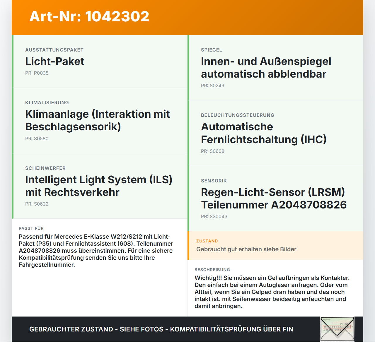 Mercedes S212 E350d 13-16 Regensensor Mercedes S212 E350d 13-16 18.02.2010 A2048708826 10011020-01 gebraucht Vorschau 3