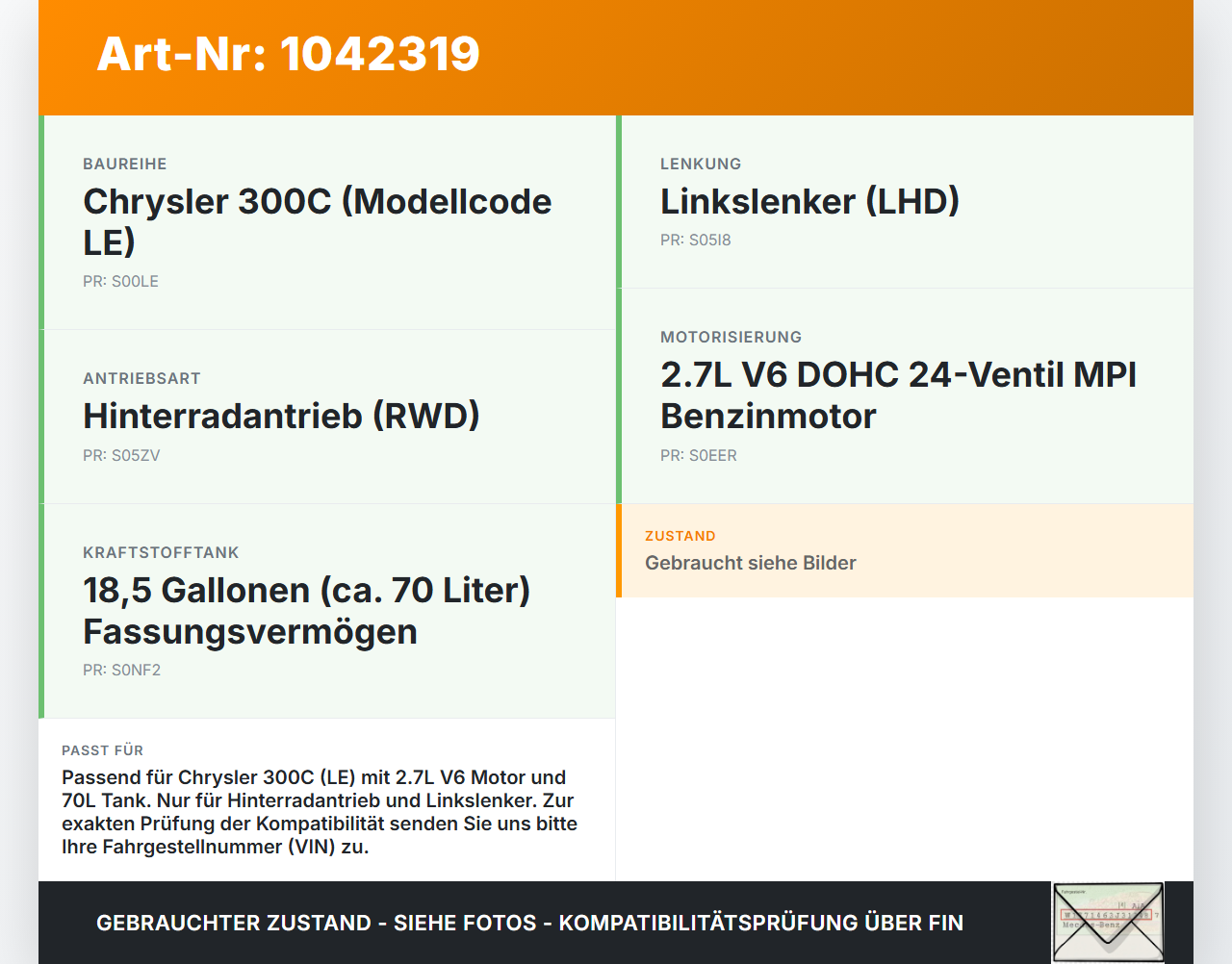 Chrysler 300C LE 04-07 2,7 142KW Tankgeber Tankeinheit Chrysler 300C LE 04-07 07.08.2007 04581410AB A2C53030552... Vorschau 3