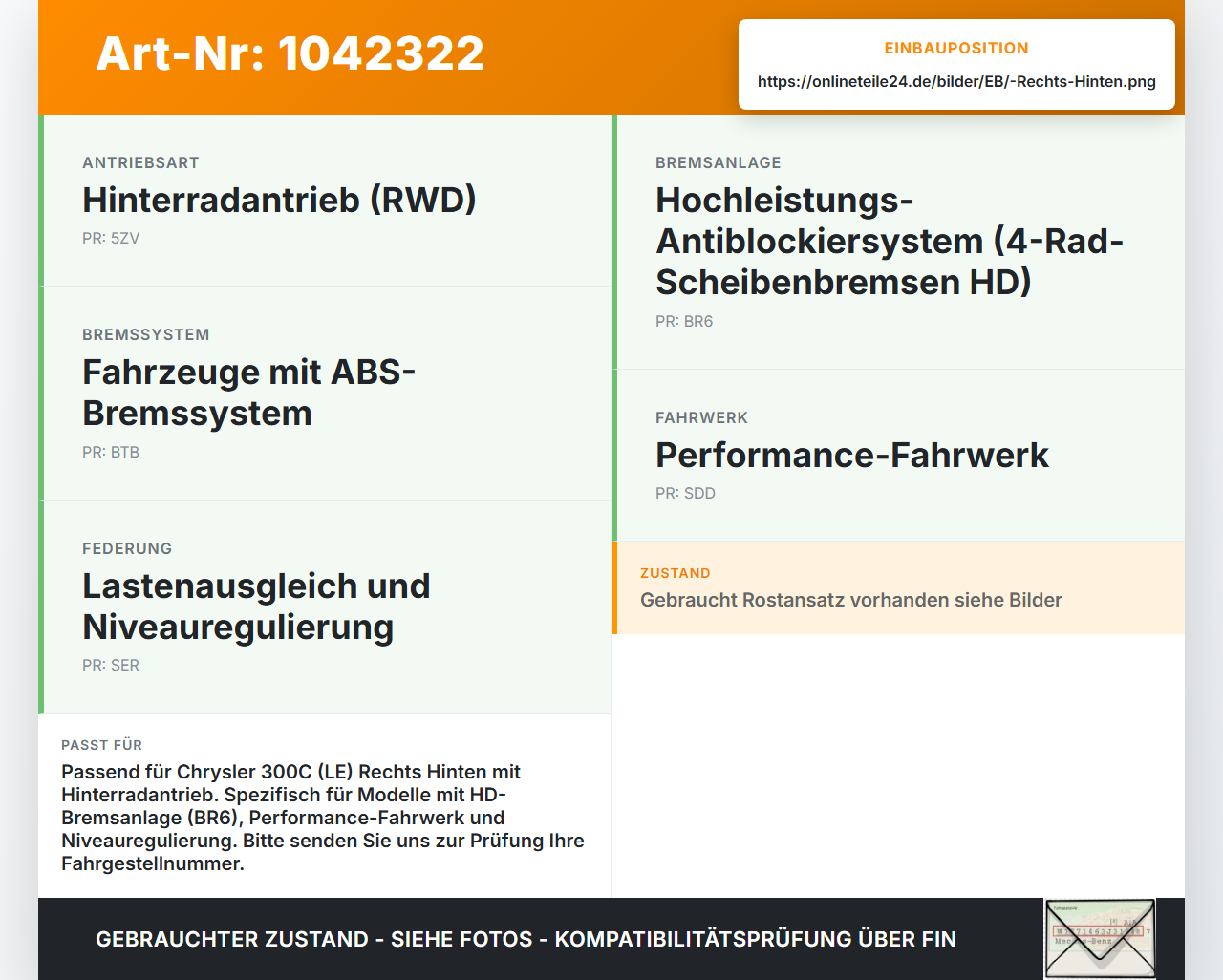Chrysler 300C LE 04-07 Lim 2,7 142KW Achsschenkel Radnabe mit ABS Rechts Hinten Chrysler 300C LE 04-07 07.08.2007... Vorschau 3