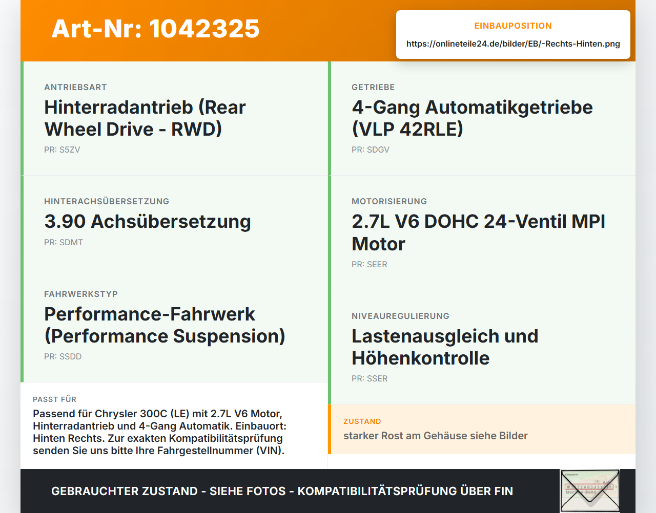 Chrysler 300C LE 04-07 Lim 2,7 142KW Antriebswelle Gelenkwelle Rechts Hinten Chrysler 300C LE 04-07 07.08.2007... Vorschau 3