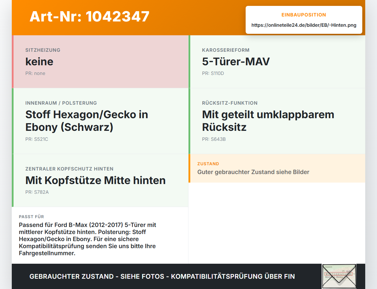 Ford B-Max JK 12-17 Kopfstütze Mitte Hinten Ford B-Max JK 12-17 03.04.2014 gebraucht Vorschau 3