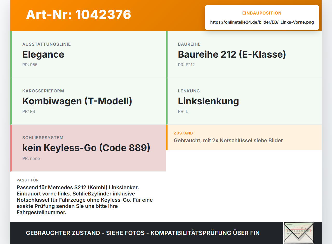 Mercedes S212 E350d 13-16 Kombi Türschloss Schließzylinder für Tür Links Vorne Mercedes S212 E350d 13-16 18.02.2010... Vorschau 3