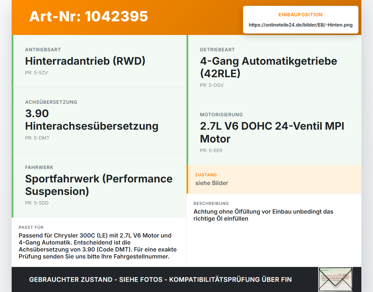 Chrysler 300C LE 04-07 2,7 142KW Differential Hinterachsgetriebe Hinten Chrysler 300C LE 04-07 07.08.2007... Vorschau 3