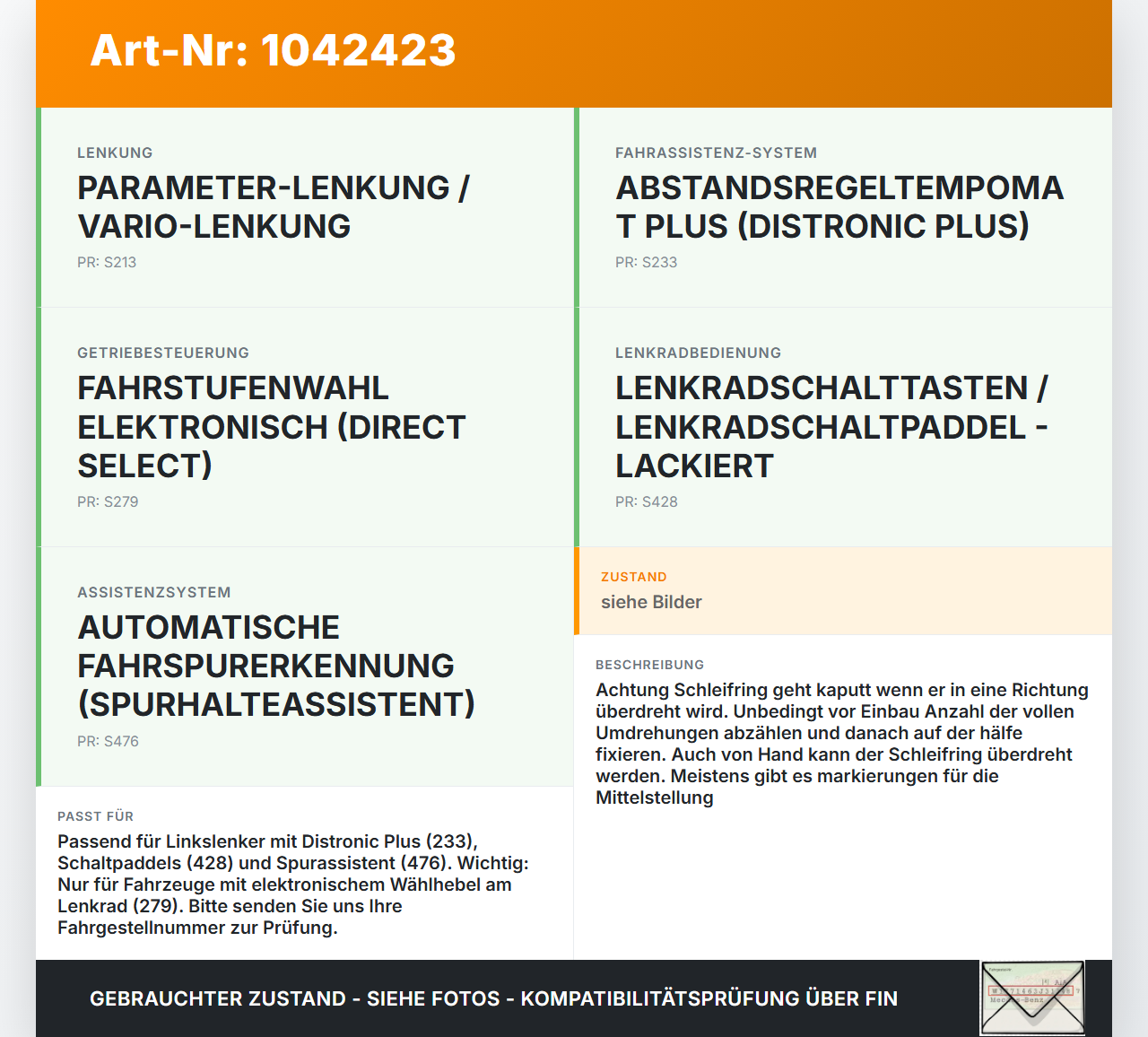 Mercedes S212 E350d 13-16 Airbag Schleifring Wickelfeder Mercedes S212 E350d 13-16 18.02.2010 04320400-06 gebraucht Vorschau 3