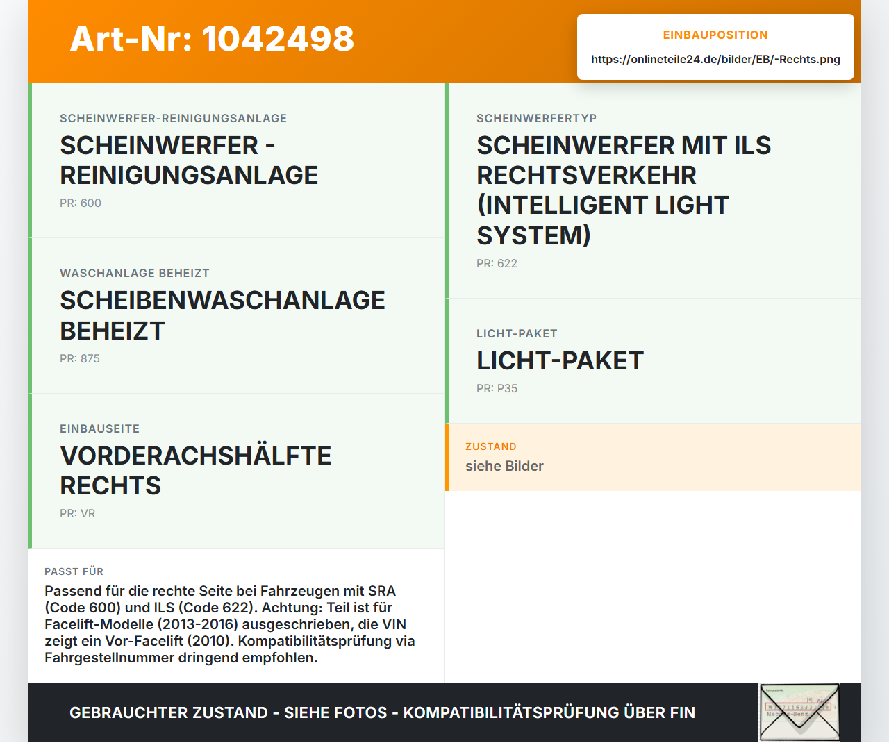 Mercedes S212 E350d 13-16 Waschdüse Hubzylinder SRA für Scheinwerfer Rechts Mercedes S212 E350d 13-16 18.02.2010... Vorschau 3