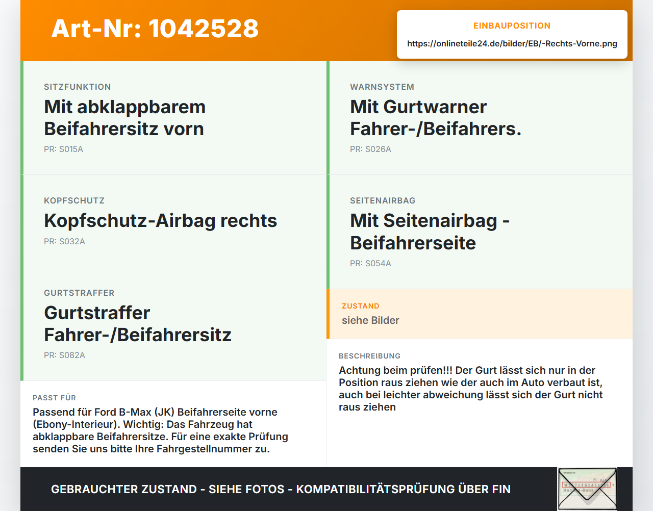 Ford B-Max JK 12-17 Gurt Sicherheitsgurt Gurtstraffer für Beifahrer Rechts Vorne Ford B-Max JK 12-17 03.04.2014... Vorschau 3