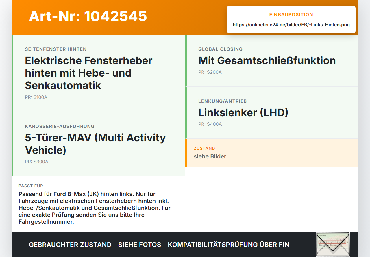 Ford B-Max JK 12-17 Fensterhebermotor mit Fensterheber Links Hinten Ford B-Max JK 12-17 03.04.2014 0130822849 gebraucht Vorschau 3