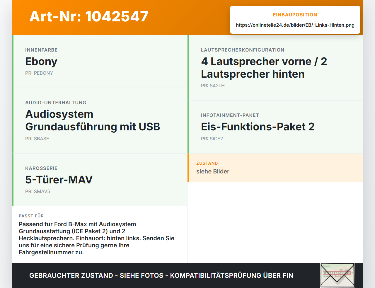 Ford B-Max JK 12-17 Lautsprecher Mitteltöner Links Hinten Ford B-Max JK 12-17 03.04.2014 AA6T-18808-CA gebraucht Vorschau 3