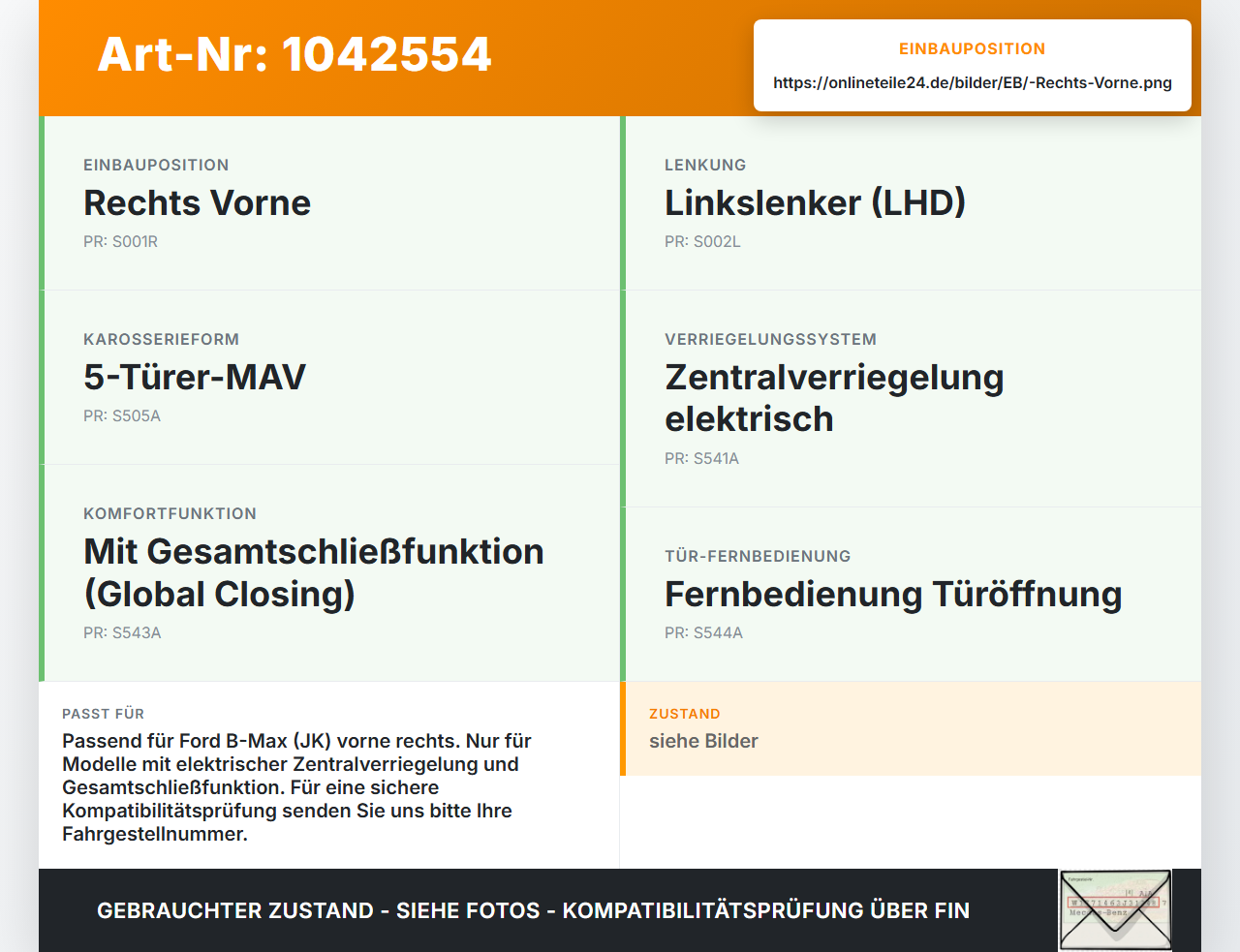Ford B-Max JK 12-17 Türschloss m. ZV Stellmotor Rechts Vorne Ford B-Max JK 12-17 03.04.2014 AV1A-R21812-AD... Vorschau 3