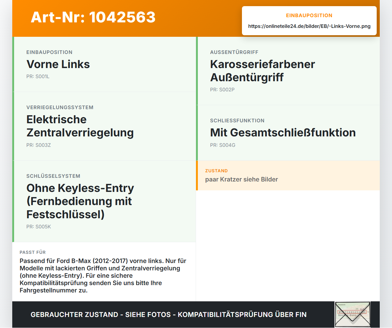 Ford B-Max JK 12-17 Türgriff Griff aussen Links Vorne DC Ford B-Max JK 12-17 03.04.2014 AV11A22405 gebraucht Vorschau 3