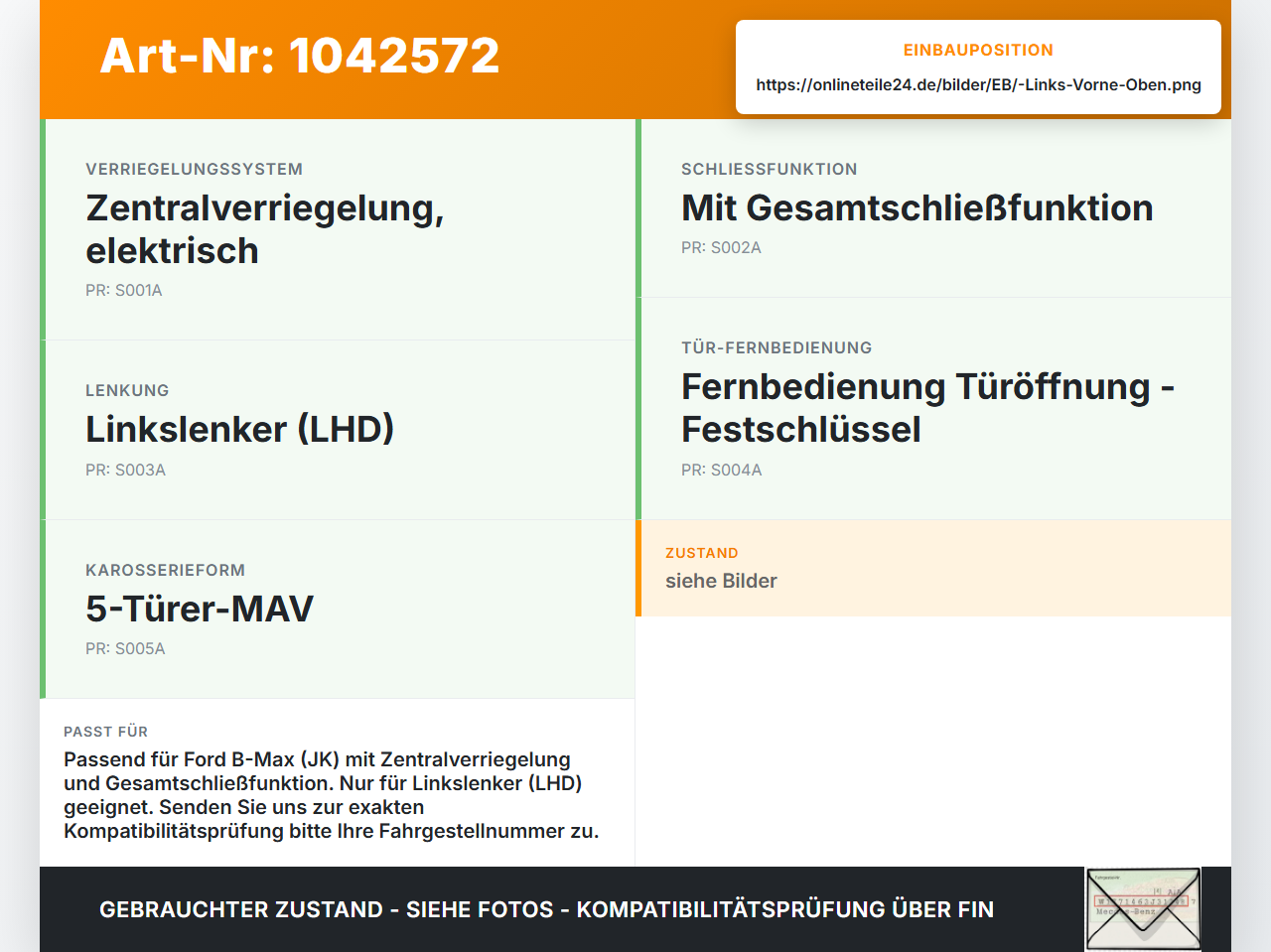 Ford B-Max JK 12-17 Türschloss Schloss Links Vorne Oben Ford B-Max JK 12-17 03.04.2014 AV1A-R218D05-AD 920510-103... Vorschau 3