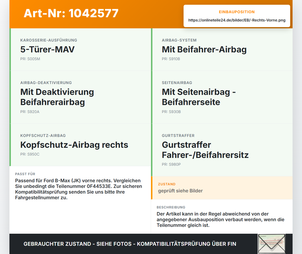Ford B-Max JK 12-17 Sensor für Airbag Crashsensor Airbagsensor Rechts Vorne Ford B-Max JK 12-17 03.04.2014... Vorschau 3
