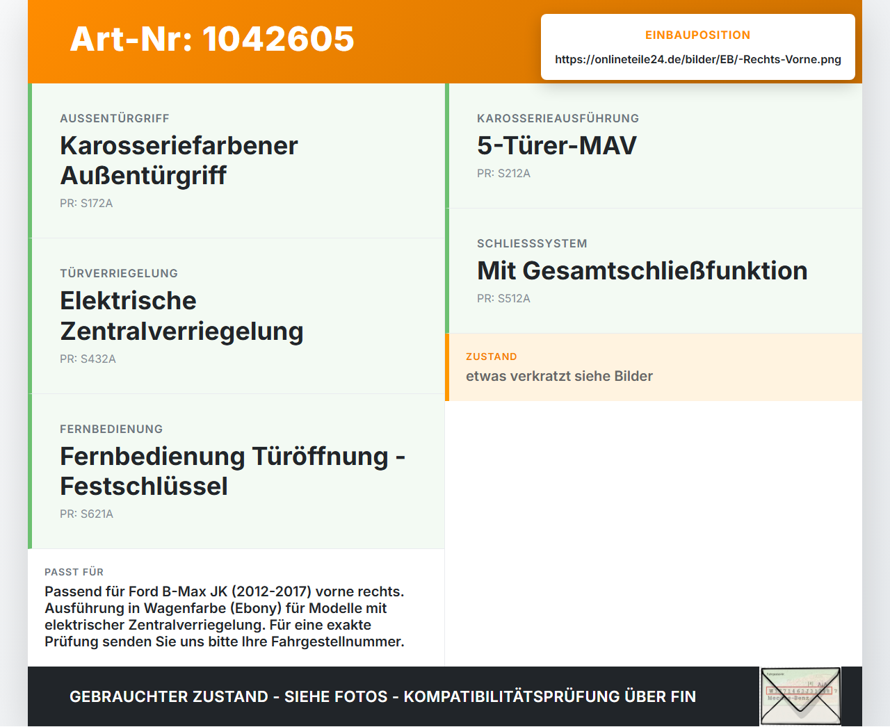 Ford B-Max JK 12-17 Türgriff Außengriff Vorne Rechts DC Ford B-Max JK 12-17 03.04.2014 AV11A224A4 gebraucht Vorschau 3