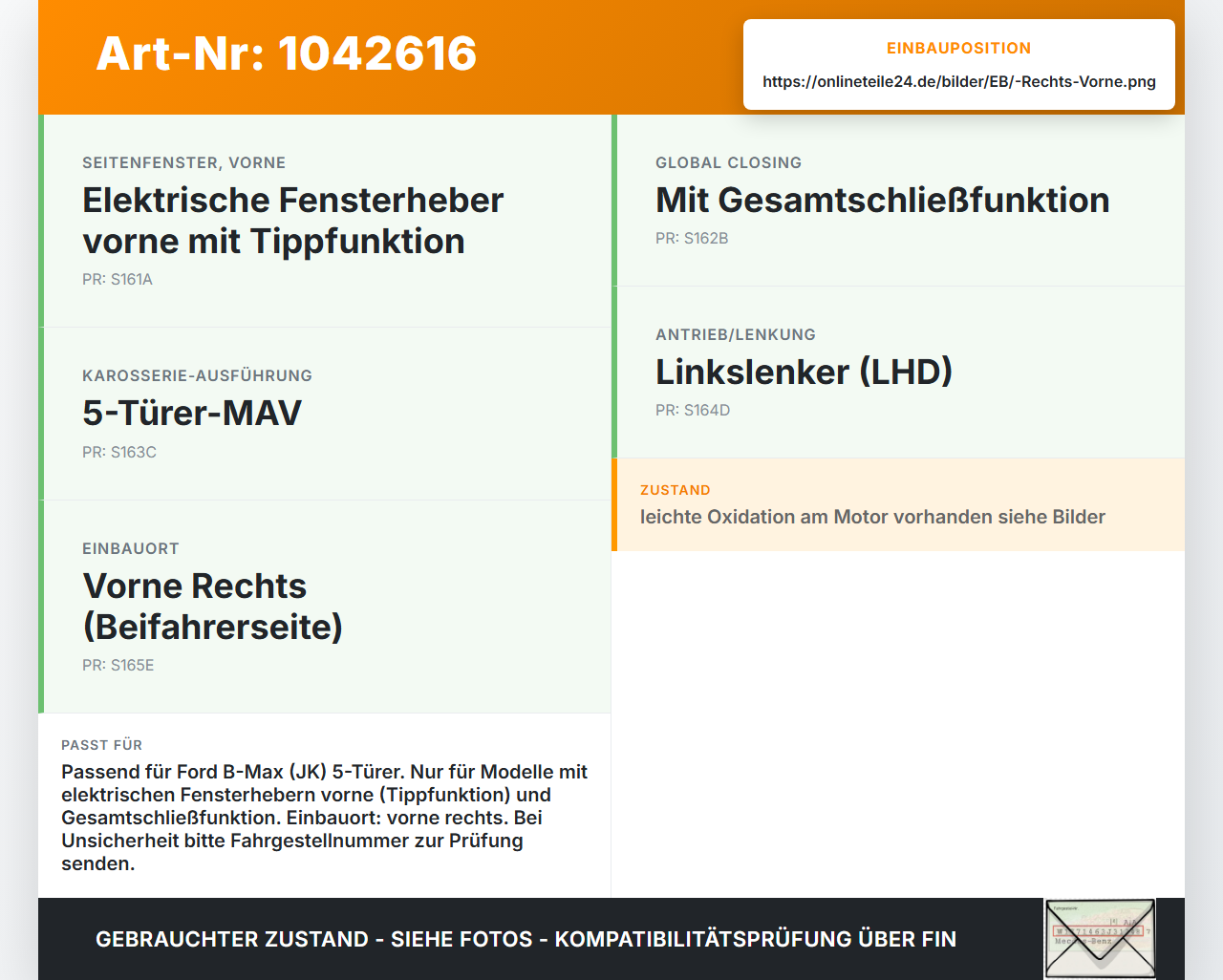 Ford B-Max JK 12-17 Fensterhebermotor mit Fensterheber Rechts Vorne Ford B-Max JK 12-17 03.04.2014 gebraucht Vorschau 3