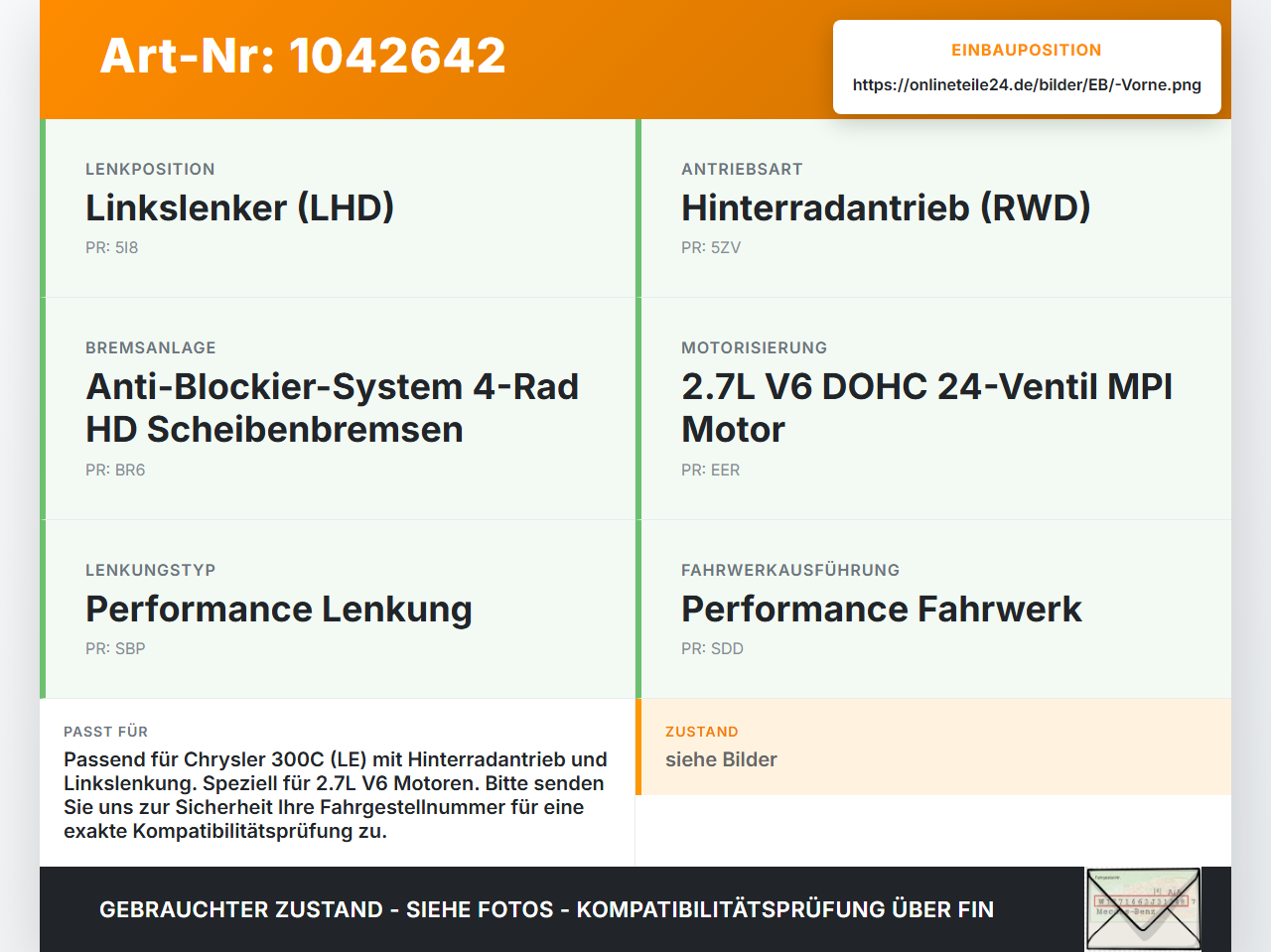 Chrysler 300C LE 04-07 2,7 142KW Achsträger Vorderachse Vorne Chrysler 300C LE 04-07 07.08.2007 gebraucht Vorschau 3