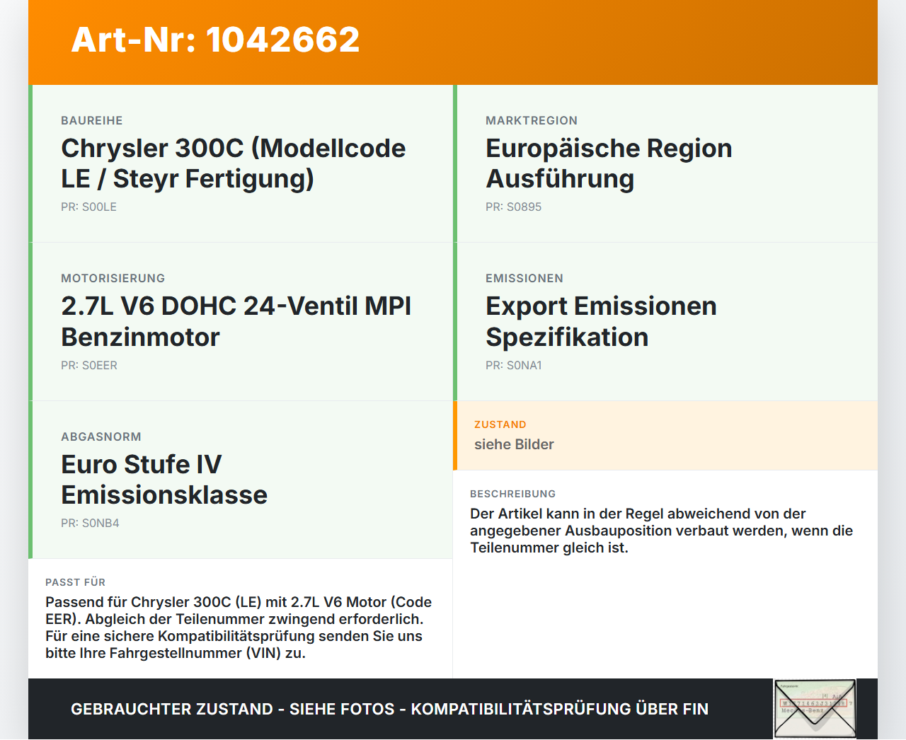 Chrysler 300C LE 04-07 2,7 142KW Einspritzdüse Einspritzventil Zyl.5 Chrysler 300C LE 04-07 07.08.2007 0280158028... Vorschau 3