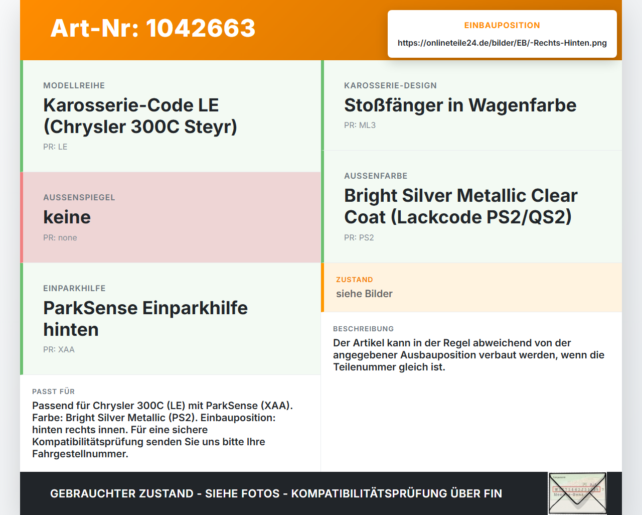 Chrysler 300C LE 04-07 Abstands Sensor Parksensor PDC Hinten Rechts Innen Chrysler 300C LE 04-07 07.08.2007... Vorschau 3