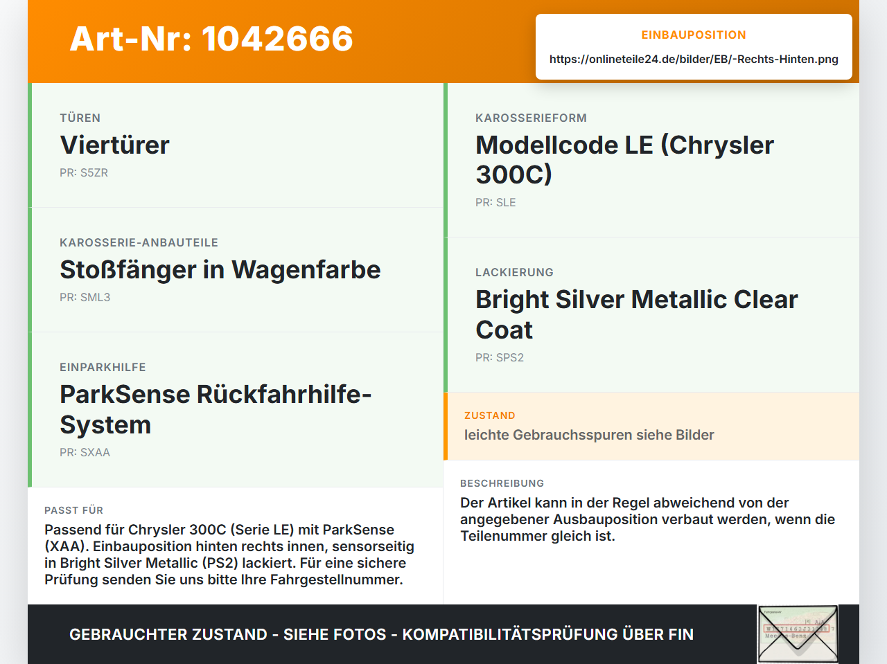 Chrysler 300C LE 04-07 Abstands Sensor Parksensor PDC Hinten Rechts Innen Chrysler 300C LE 04-07 07.08.2007... Vorschau 3