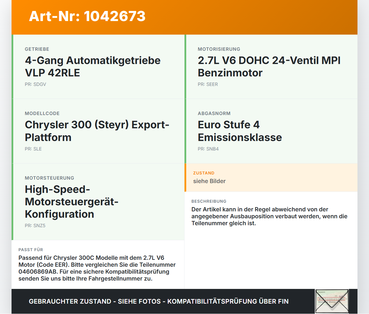 Chrysler 300C LE 04-07 2,7 142KW Zündspule Zyl.3 Chrysler 300C LE 04-07 07.08.2007 04606869AB A0740309060 gebraucht Vorschau 3