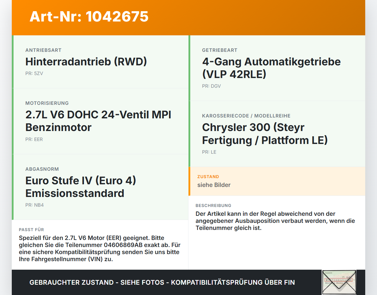 Chrysler 300C LE 04-07 2,7 142KW Zündspule Zyl.6 Chrysler 300C LE 04-07 07.08.2007 04606869AB A0740504726 gebraucht Vorschau 3