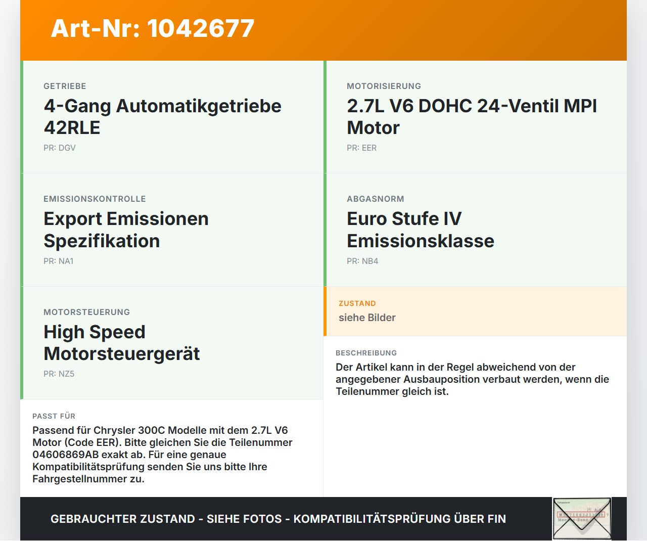 Chrysler 300C LE 04-07 2,7 142KW Zündspule Zyl.2 Chrysler 300C LE 04-07 07.08.2007 04606869AB A0740309037 gebraucht Vorschau 3