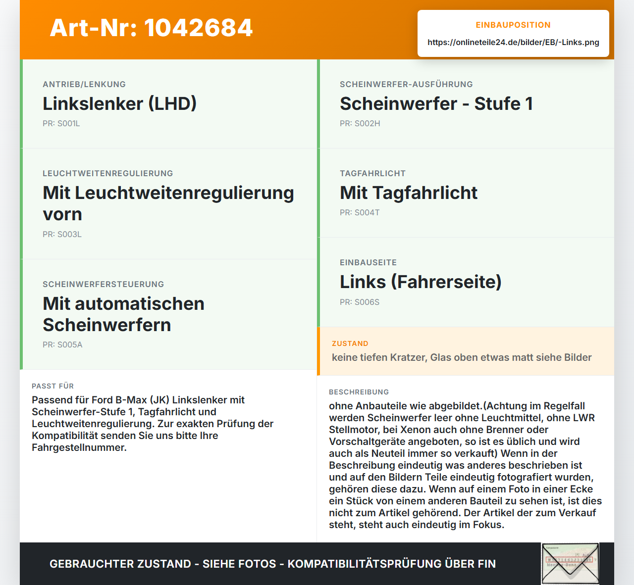 Ford B-Max JK 12-17 Scheinwerfer mit Stellmotor LWR Links Ford B-Max JK 12-17 03.04.2014 AV11-13W030-AE gebraucht Vorschau 3