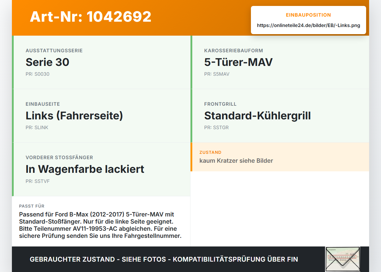 Ford B-Max JK 12-17 Frontblende Frontleiste Links Ford B-Max JK 12-17 03.04.2014 AV11-19953-AC gebraucht Vorschau 3