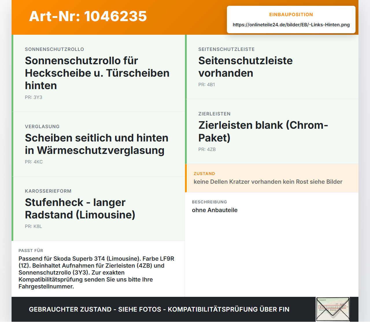 Skoda Superb 3T4 08-13 Lim Tür Links Hinten LF9R Skoda Superb 3T4 08-13 20.06.2008 3T5833055 gebraucht Vorschau 3