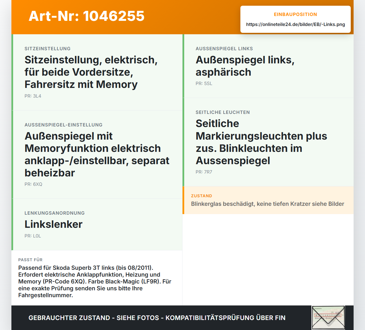 Skoda Superb 3T4 08-13 Spiegel Aussenspiegel Links LF9R Skoda Superb 3T4 08-13 20.06.2008 3T1857507BK... Vorschau 3