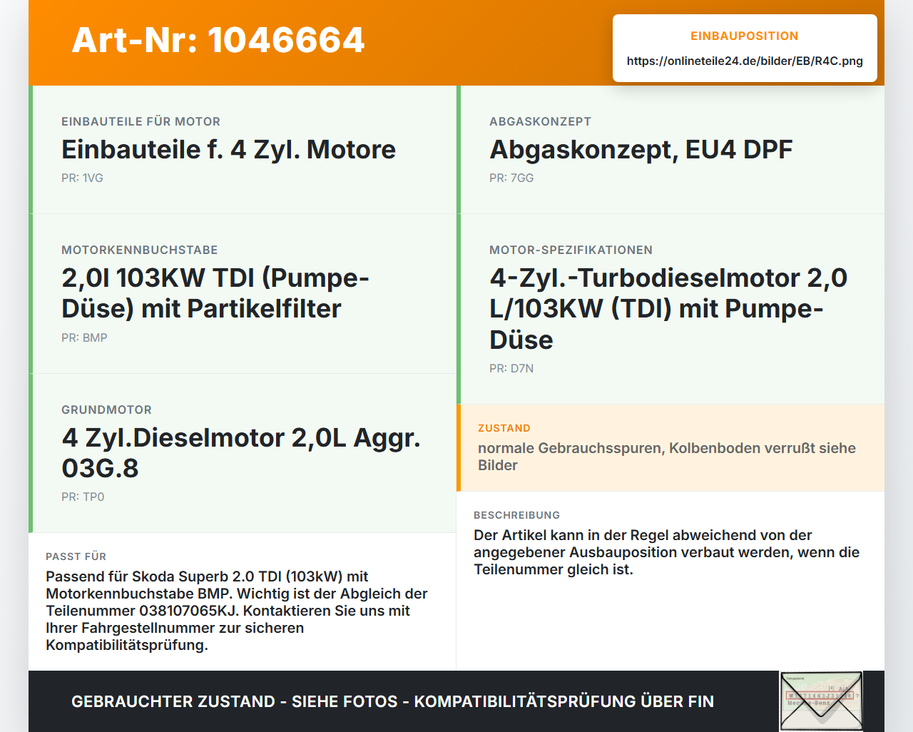 Skoda Superb 3T4 08-13 2,0 103KW BMP Kolben mit Pleuel pos C Skoda Superb 3T4 08-13 20.06.2008 038107065KJ gebraucht Vorschau 3