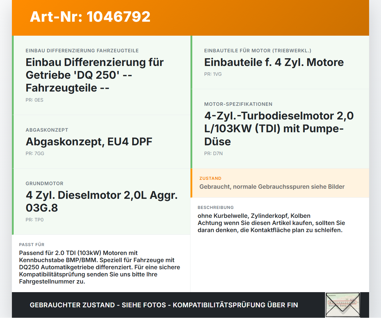Skoda Superb 3T4 08-13 2,0 103KW BMP Motorblock für Motor BMM Skoda Superb 3T4 08-13 20.06.2008 03G103011R gebraucht Vorschau 3