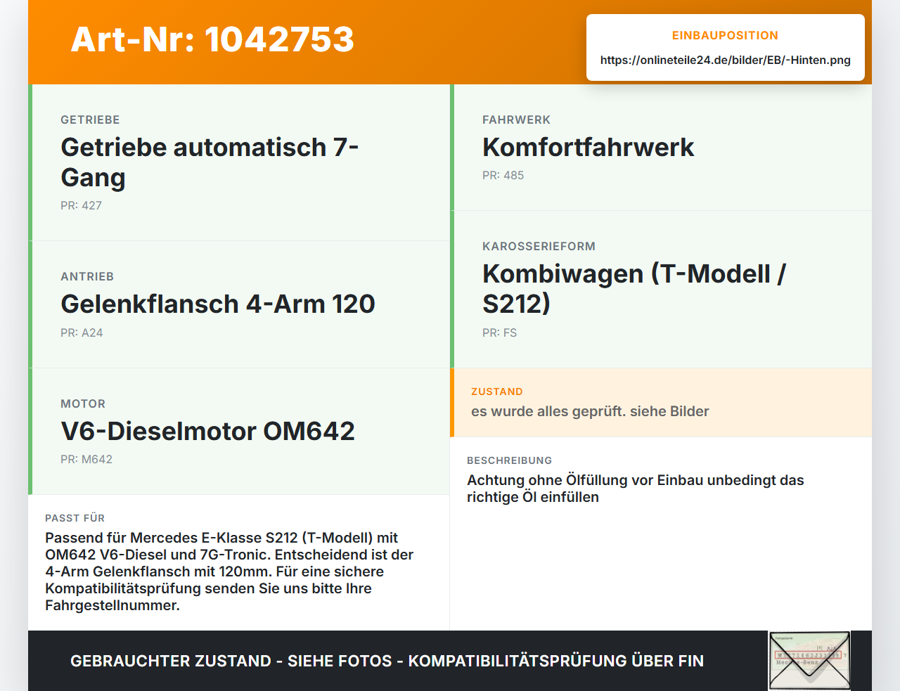 Mercedes S212 E350d 13-16 CDI 3,0 170KW Differential Hinterachsgetriebe Hinten Mercedes S212 E350d 13-16 18.02.2010... Vorschau 3
