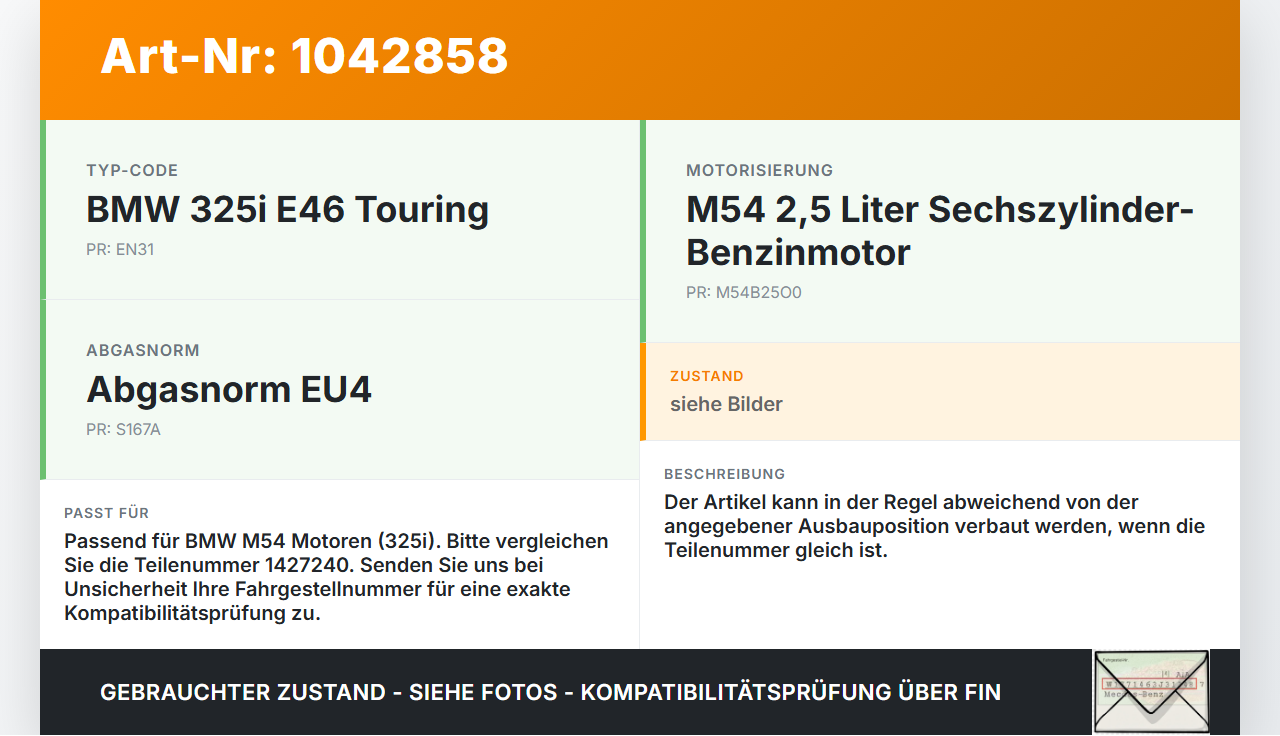 BMW E46 325i 02-06 2,5i 141KW Einspritzdüse Einspritzventil Zyl.6 BMW E46 325i 02-06 04.03.2003 7546244 13537546244... Vorschau 3