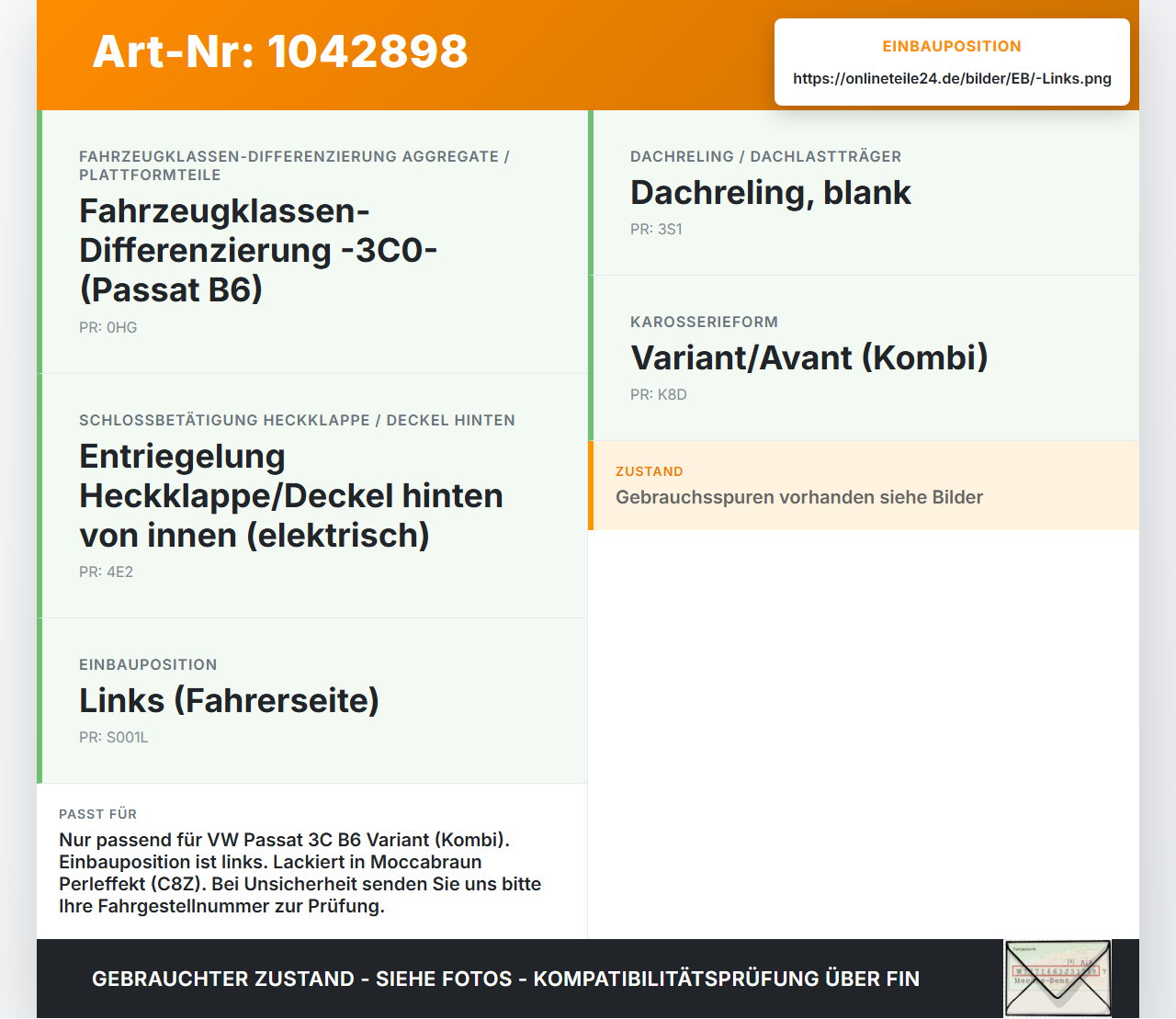 VW Passat 3C B6 05-10 Kombi Heckklappe Scharniere Scharnier Links VW Passat 3C B6 05-10 07.12.2006 3C9827301E gebraucht Vorschau 3