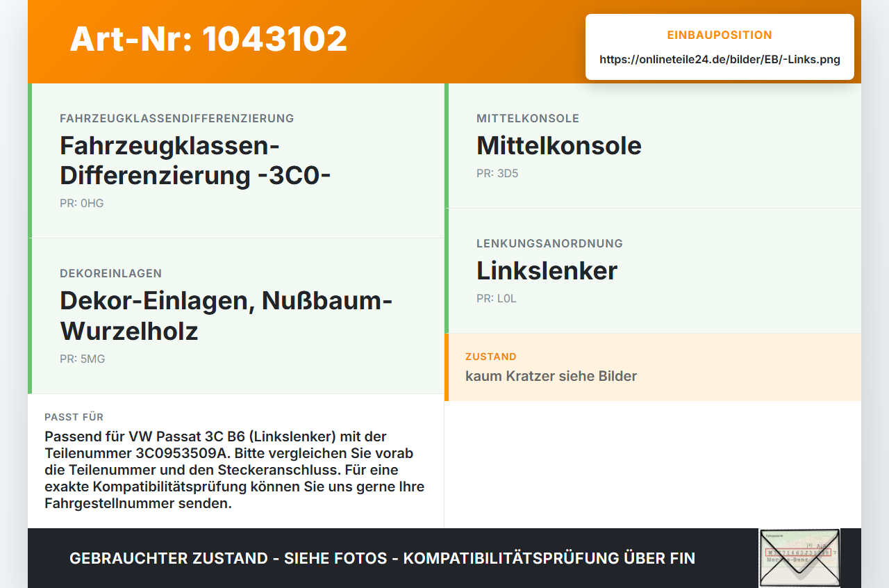 VW Passat 3C B6 05-10 Warnblinkschalter Schalter VW Passat 3C B6 05-10 07.12.2006 3C0953509A gebraucht Vorschau 3