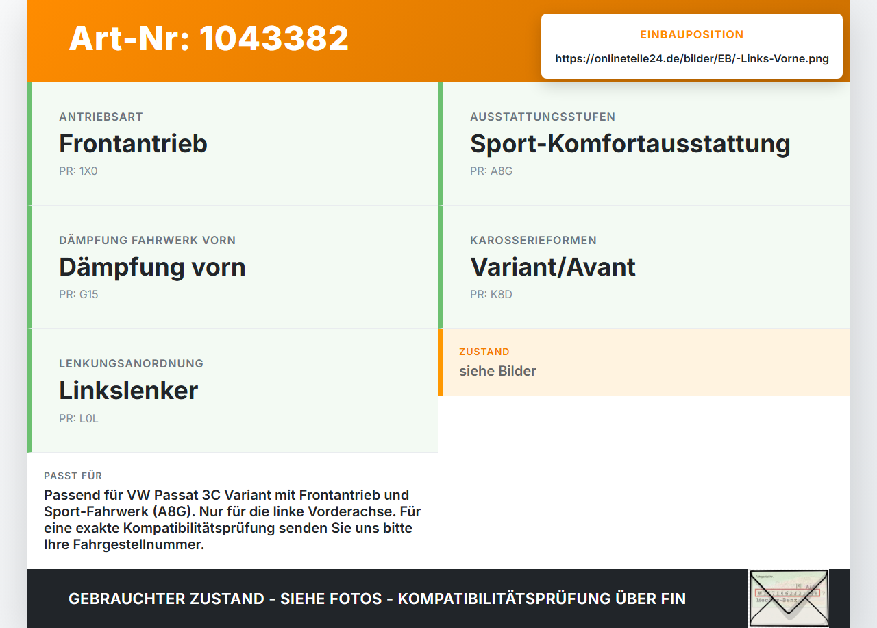 VW Passat 3C B6 05-10 Kombi Stossdämpfer Federbein Vorne Links Sport VW Passat 3C B6 05-10 07.12.2006 3C0413031AB... Vorschau 3