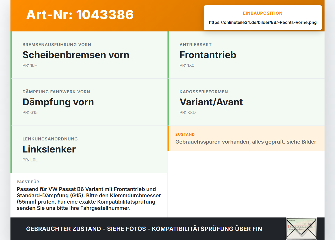 VW Passat 3C B6 05-10 Kombi Stossdämpfer Federbein Vorne Rechts VW Passat 3C B6 05-10 07.12.2006 3C0413031AB... Vorschau 3