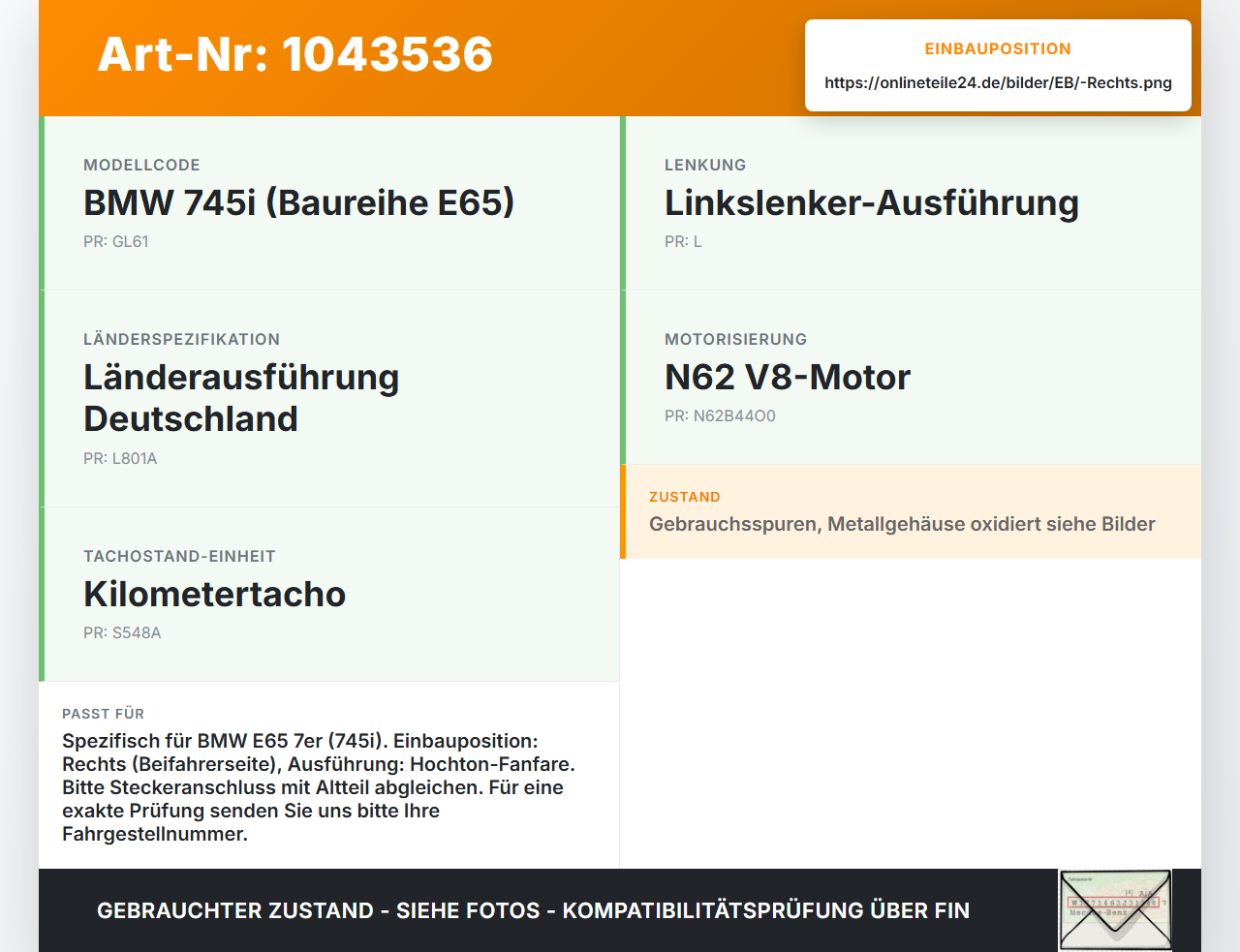 BMW E65 7er 01-05 Hupe Signalhorn Fanfare Rechts Hochton BMW E65 7er 01-05 11.09.2003 6968442 61336968442 0055306... Vorschau 3