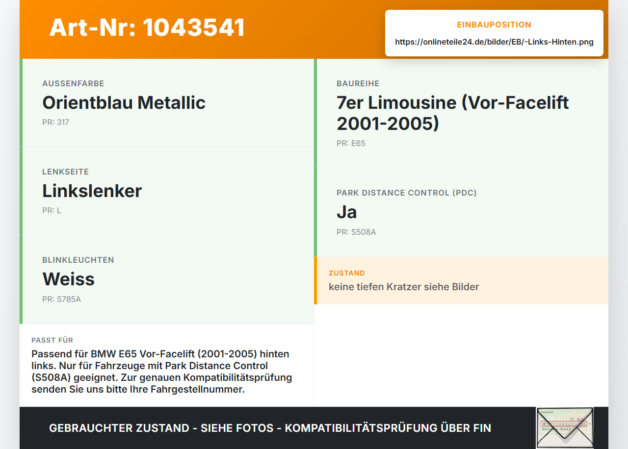 BMW E65 7er 01-05 Frontblende Frontleiste für Stoßstange Links Hinten BMW E65 7er 01-05 11.09.2003 7043369... Vorschau 3
