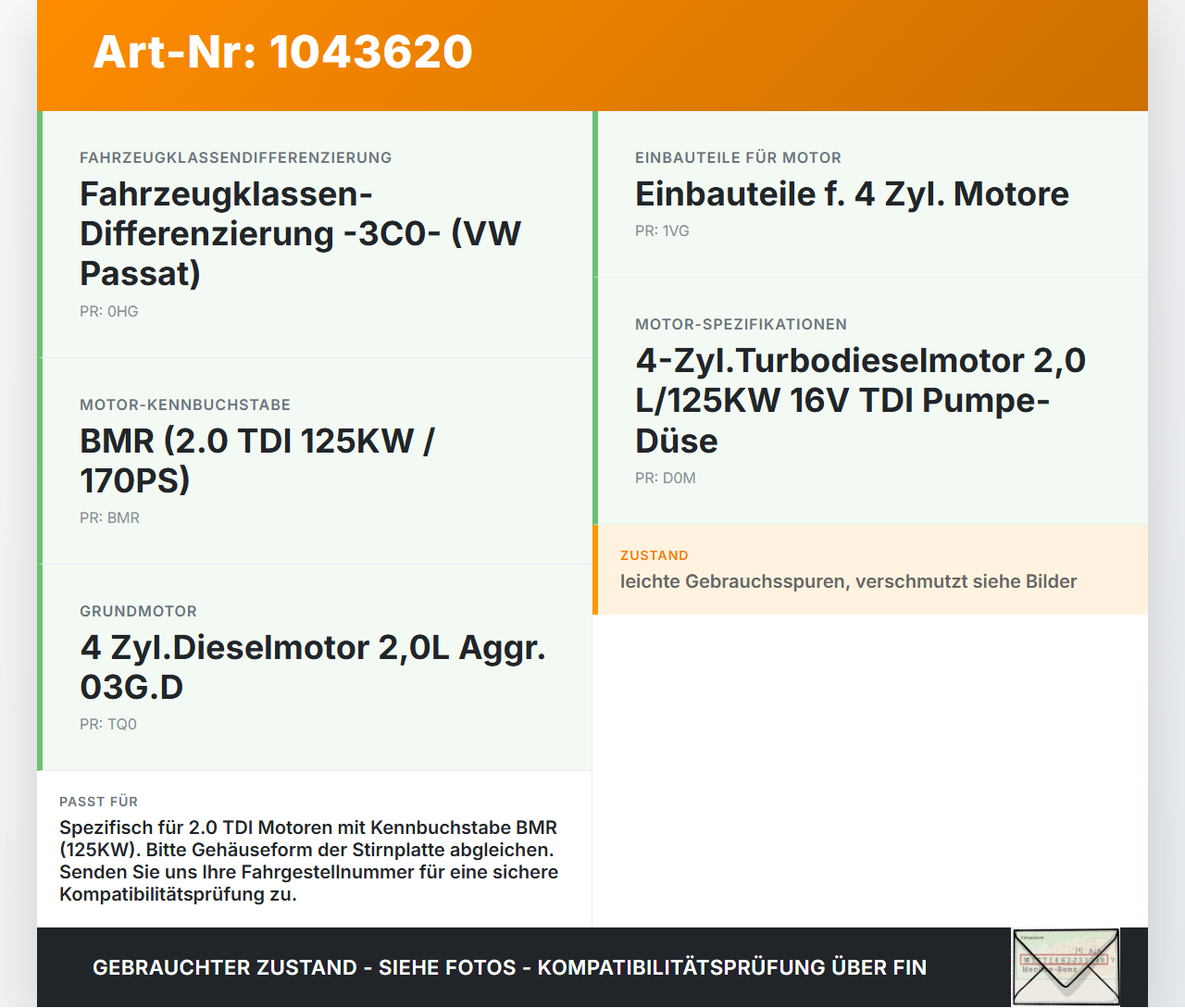 VW Passat 3C B6 05-10 TDI 2,0 125KW Motor Stirnplatte Gehäuse Motorblock VW Passat 3C B6 05-10 07.12.2006 gebraucht Vorschau 3