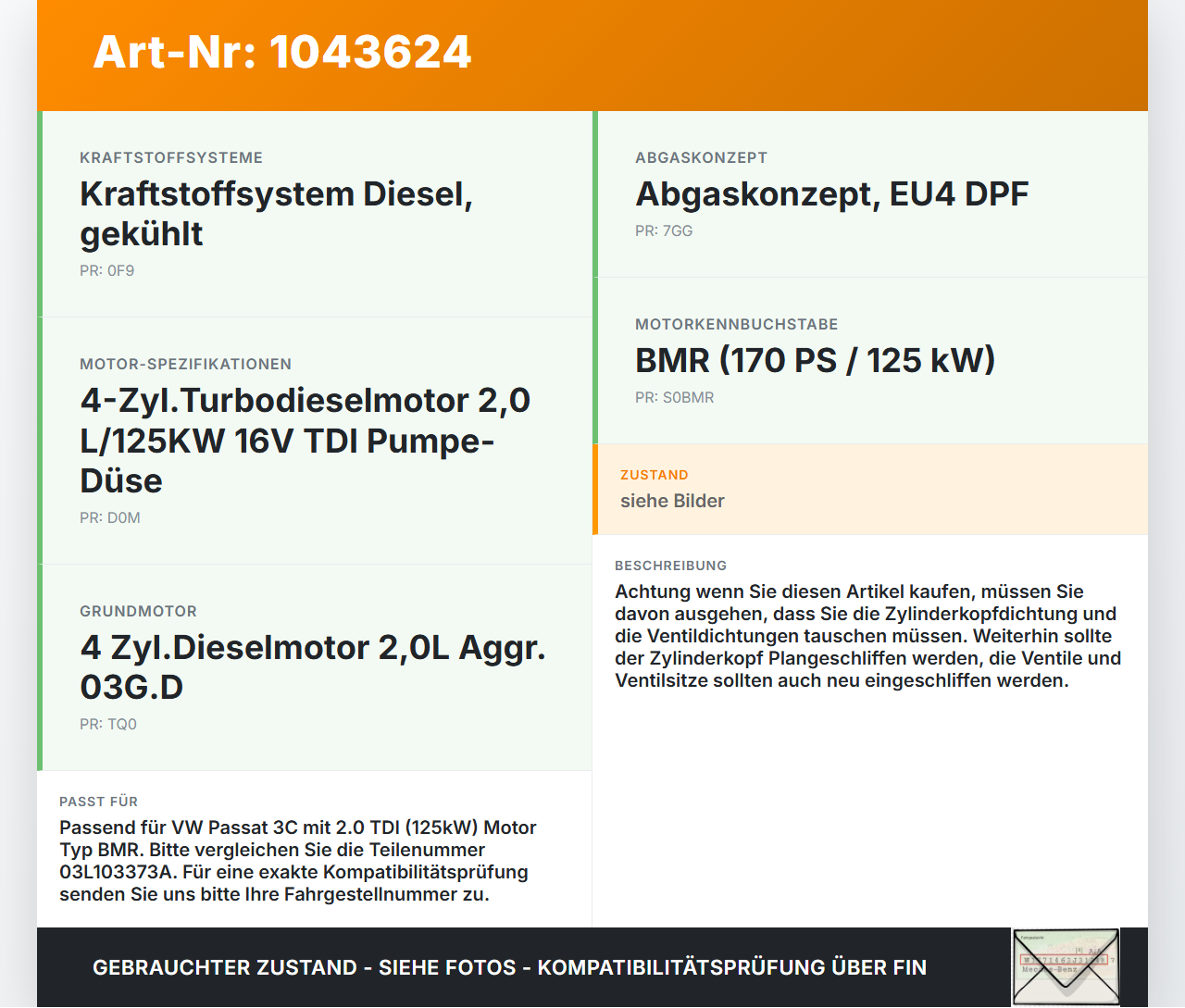 VW Passat 3C B6 05-10 TDI 2,0 125KW BMR Zylinderkopf VW Passat 3C B6 05-10 07.12.2006 03L103373A gebraucht Vorschau 3