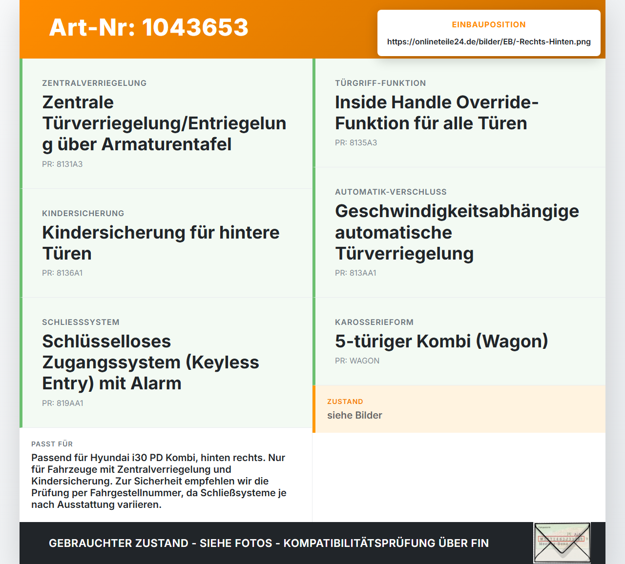 Hyundai I30 PD 20-25 Kombi Türschloss m. ZV Stellmotor Rechts Hinten Hyundai I30 PD 20-25 03.11.2017 81420-G3010... Vorschau 3