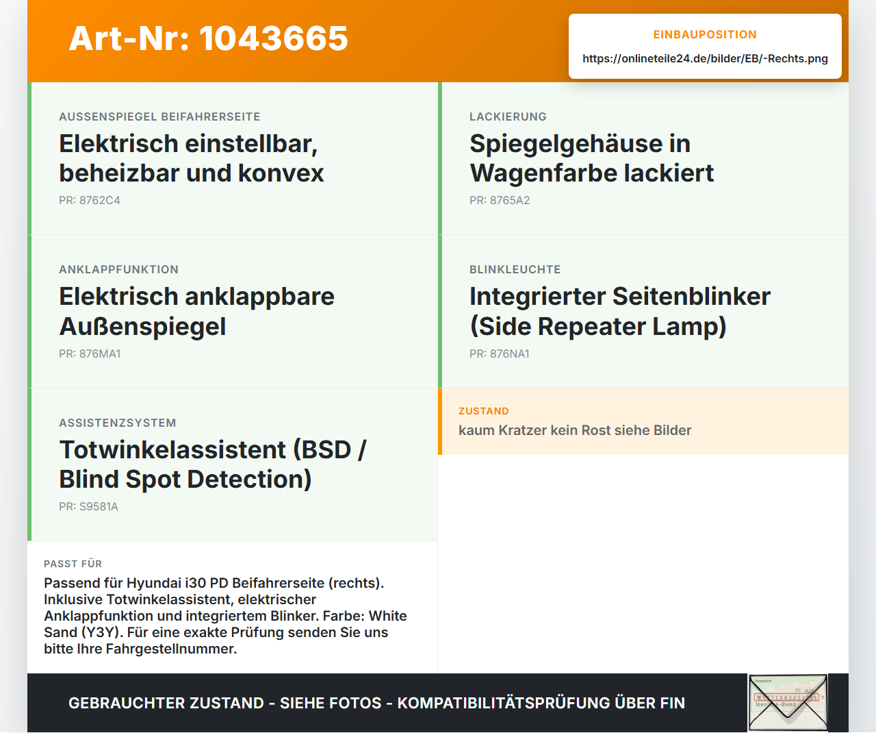 Hyundai I30 PD 20-25 Spiegel Aussenspiegel Rechts Totwinkelassistent Y3Y Hyundai I30 PD 20-25 03.11.2017... Vorschau 3