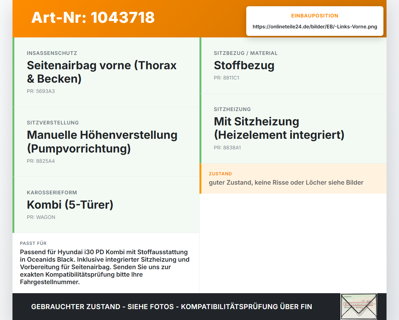 Hyundai I30 PD 20-25 Kombi Sitzpolster für Fahrersitz Sitz Links Vorne Hyundai I30 PD 20-25 03.11.2017 gebraucht Vorschau 3