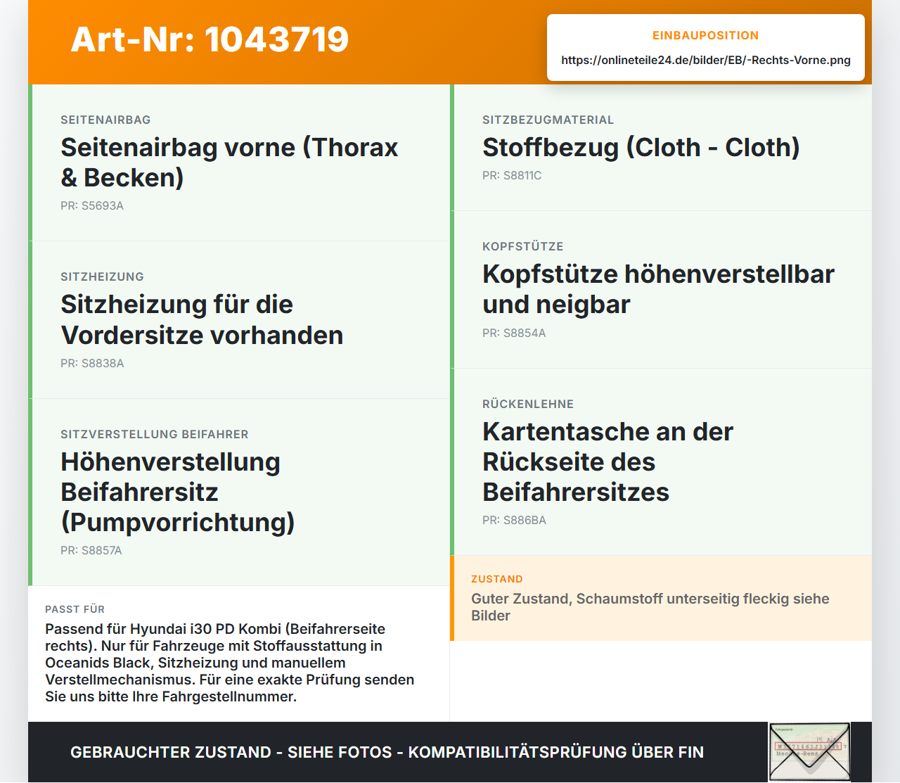 Hyundai I30 PD 20-25 Kombi Sitzbezug Sitzpolster für Beifahrersitz Rechts Vorne beheizt Hyundai I30 PD 20-25... Vorschau 3