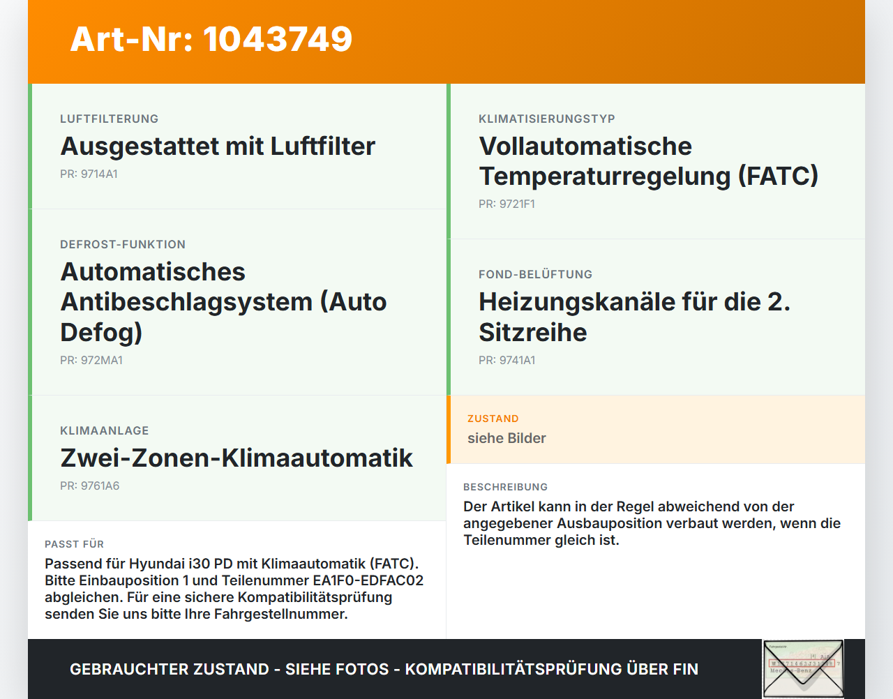 Hyundai I30 PD 20-25 Luftklappenstellmotor Stellmotor Pos.1 Hyundai I30 PD 20-25 03.11.2017 EA1F0-EDFAC02 gebraucht Vorschau 3