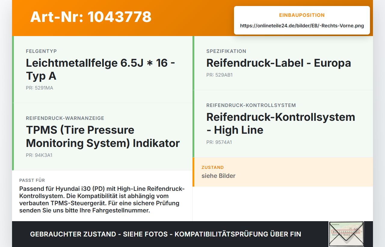 Hyundai I30 PD 20-25 Reifendruck Sensor Radsensor Reifendrucksensor Vorne Rechts Hyundai I30 PD 20-25 03.11.2017... Vorschau 3