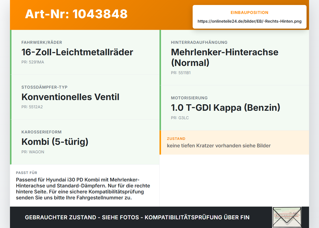Hyundai I30 PD 20-25 Kombi Stossdämpfer Rechts Hinten Hyundai I30 PD 20-25 03.11.2017 CA055300-G4000 gebraucht Vorschau 3