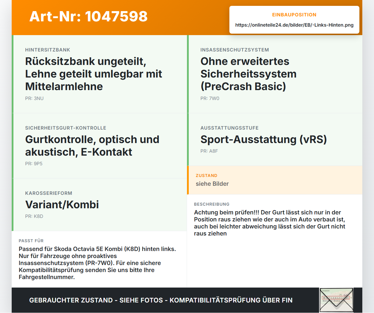 Skoda Octavia VRS III 5E 12-16 Kombi Gurt Sicherheitsgurt Links Hinten Skoda Octavia VRS III 5E 12-16 18.12.2014... Vorschau 3
