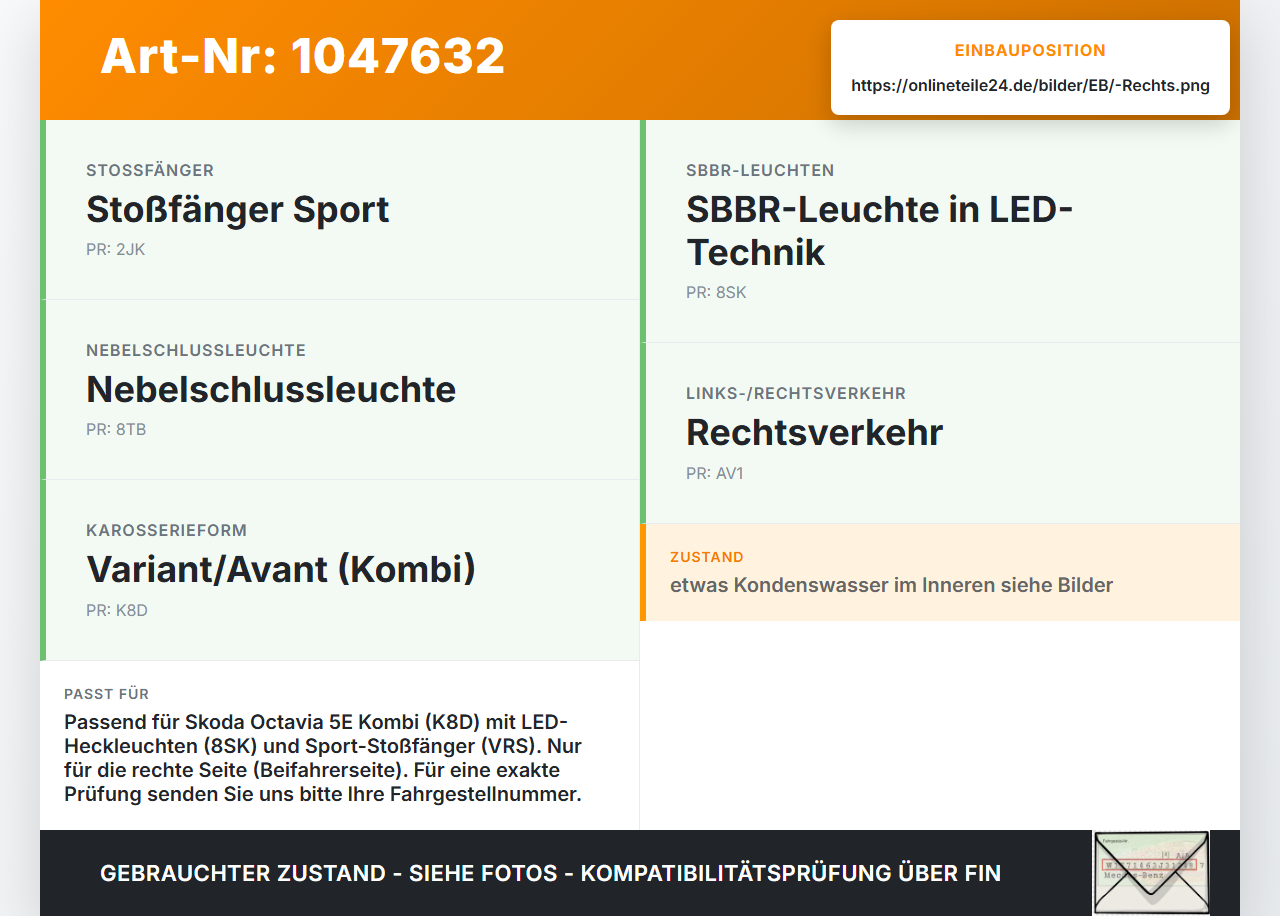 Skoda Octavia VRS III 5E 12-16 Kombi Rückleuchte Rücklicht Heckleuchte Rechts orig Skoda Octavia VRS III 5E 12-16... Vorschau 3